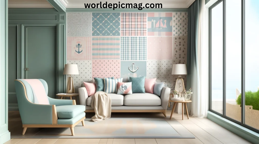 Classic preppy wallpaper with bold stripes and plaid patterns in navy, pink, and green hues, perfect for adding an upscale, traditional style to any room.