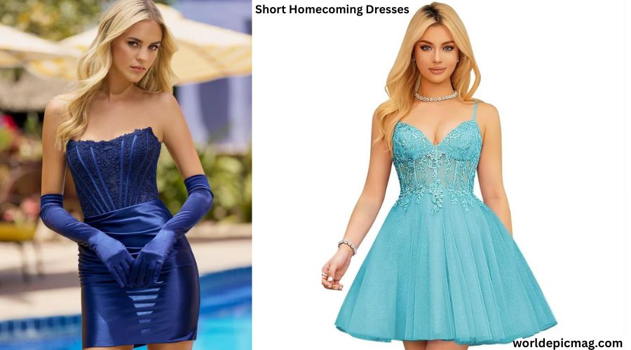 Trendy short homecoming dresses in various styles, including lace, sequins, and vibrant colors, perfect for a chic and fun look.