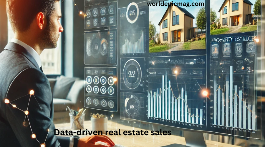 Real estate professionals analyzing market data and trends to drive sales strategies, enhance client relations, and predict property values with the support of CRM systems.