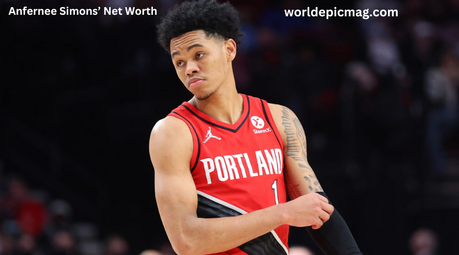 Anfernee Simons, Portland Trail Blazers NBA player, during a game, representing rising star net worth and financial growth.