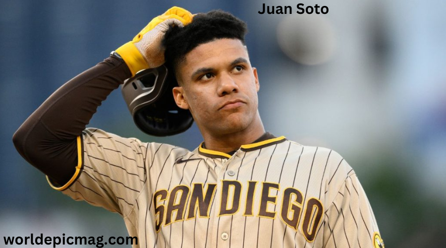 Juan Soto, a professional baseball player, wearing a San Diego Padres uniform while preparing to bat.